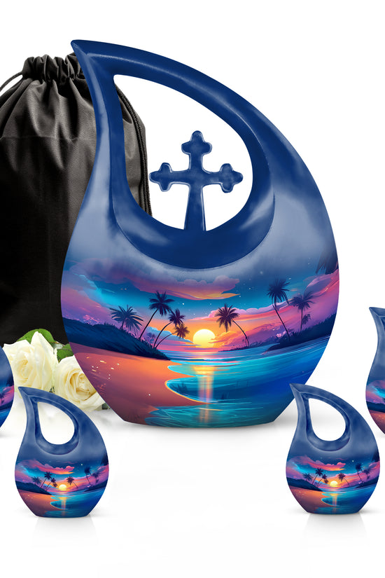 Sky Blue Beach Cremation Urn urn with complimentary velvet bag - sacred cross merged with beach motif on metal - memorial set with one large and four small urns