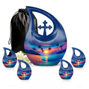 Sky Blue Beach Cremation Urn urn with complimentary velvet bag - sacred cross merged with beach motif on metal - memorial set with one large and four small urns