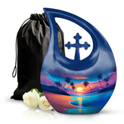 Slate Blue Beach Cremation Urn top-down view of secure threaded lid - cross and beach combined in spiritual memorial design - full-size 10 inch 200 cubic inch adult cremation urn