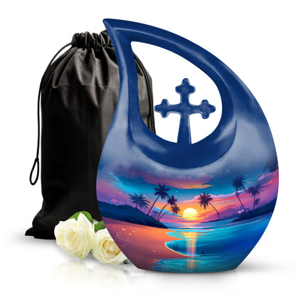 Slate Blue Beach Cremation Urn top-down view of secure threaded lid - cross and beach combined in spiritual memorial design - full-size 10 inch 200 cubic inch adult cremation urn