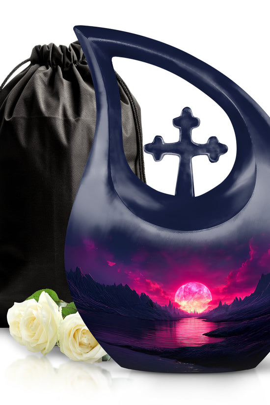 Dusty Blue Beach Cremation Urn top-down view of secure threaded lid - sacred cross merged with beach motif on metal - full-size 10 inch 200 cubic inch adult cremation urn