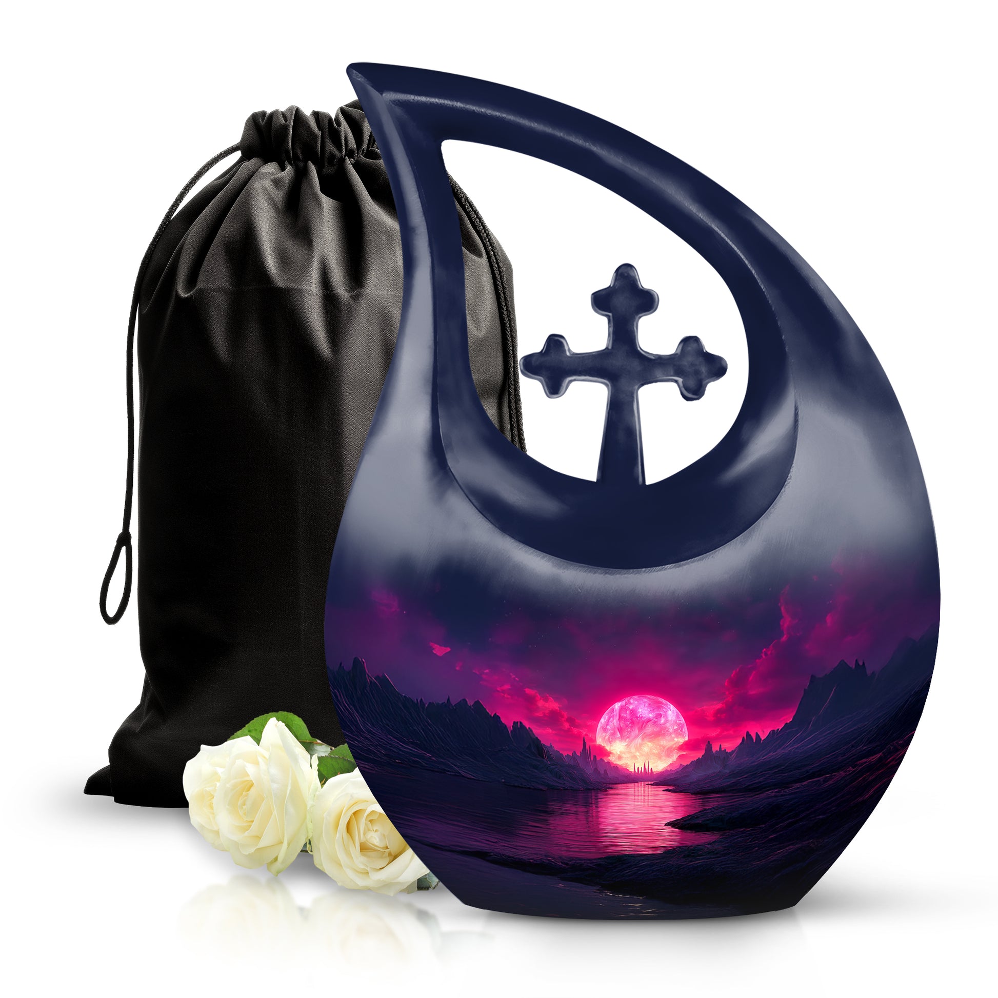 Dusty Blue Beach Cremation Urn top-down view of secure threaded lid - sacred cross merged with beach motif on metal - full-size 10 inch 200 cubic inch adult cremation urn