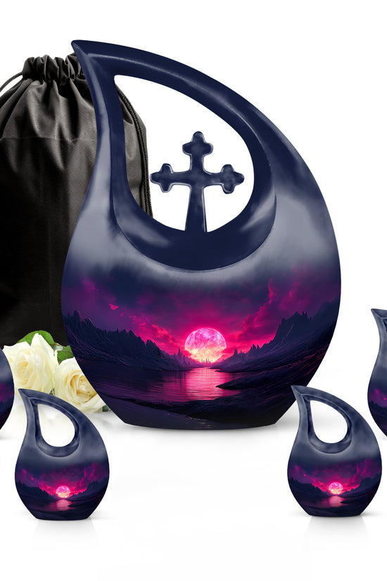 Bright Blue Beach Cremation Urn urn with complimentary velvet bag - devotional cross-drop beach engraving - memorial set with one large and four small urns