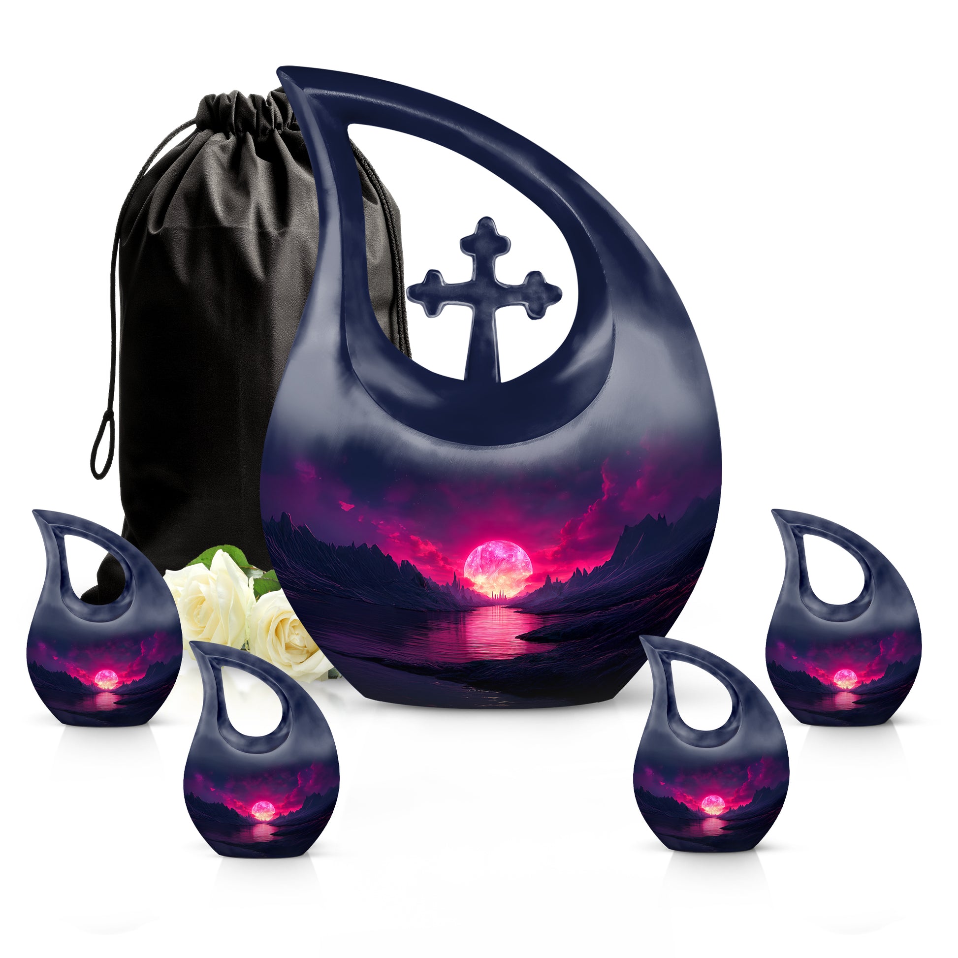 Bright Blue Beach Cremation Urn urn with complimentary velvet bag - devotional cross-drop beach engraving - memorial set with one large and four small urns