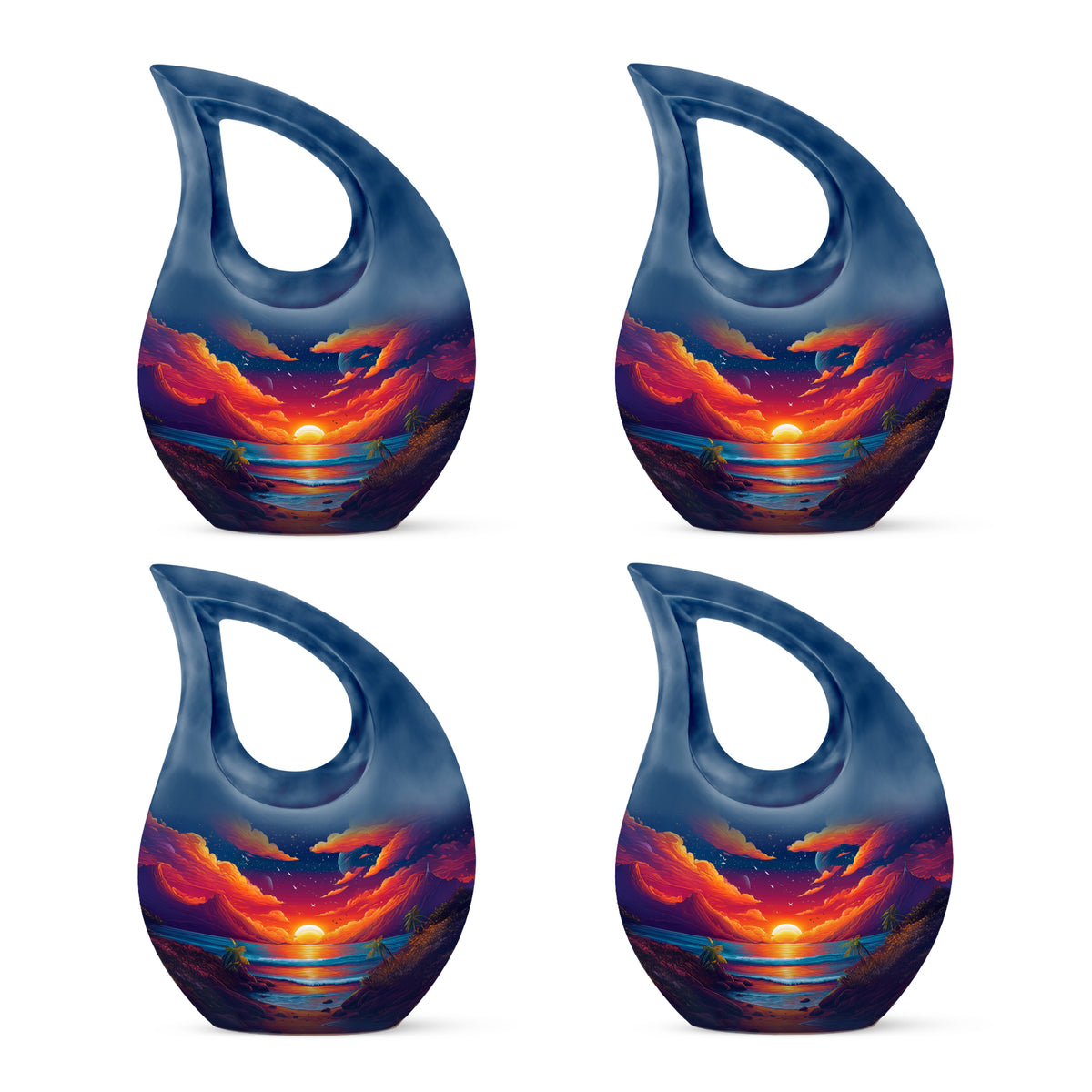 Dusty Blue Beach Cremation Urn lifestyle display on memorial shelf - cross and beach combined in spiritual memorial design - 10 inch aluminum urn for cremated remains