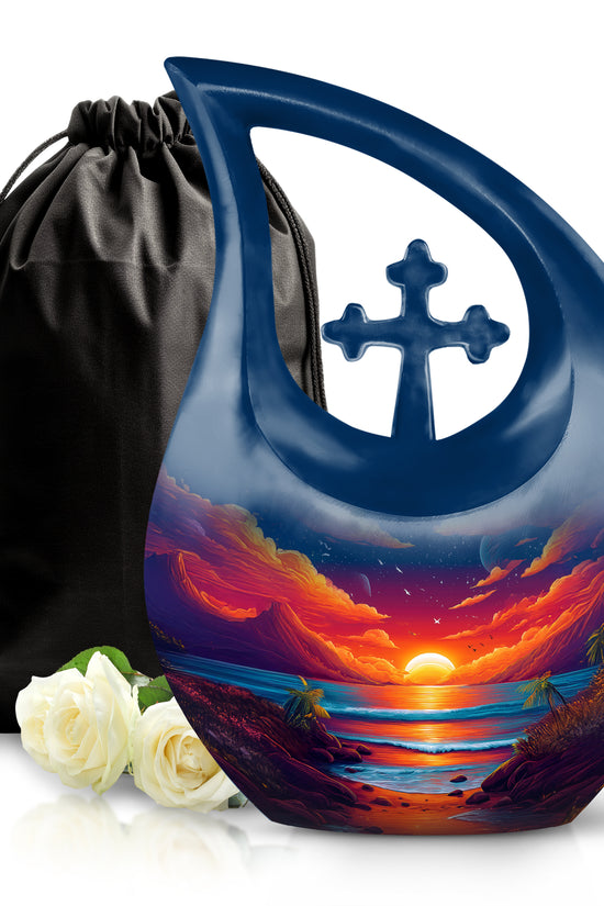 Cobalt Blue Beach Cremation Urn top-down view of secure threaded lid - devotional cross-drop beach engraving - full-size 10 inch 200 cubic inch adult cremation urn