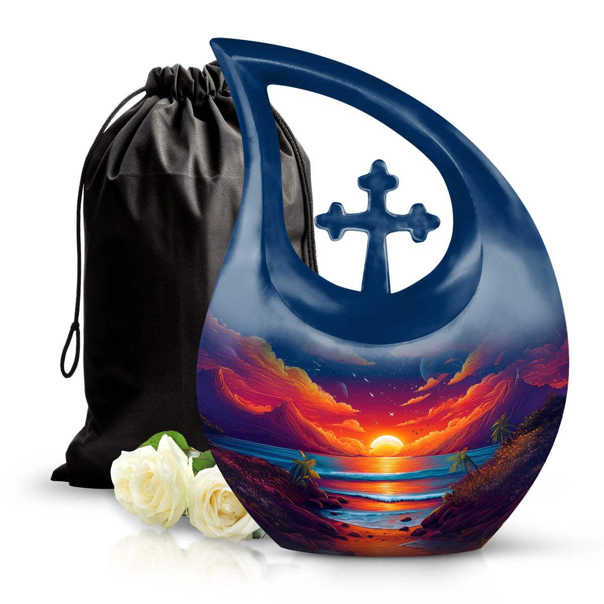 Cobalt Blue Beach Cremation Urn top-down view of secure threaded lid - devotional cross-drop beach engraving - full-size 10 inch 200 cubic inch adult cremation urn