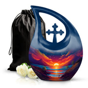 Cobalt Blue Beach Cremation Urn top-down view of secure threaded lid - devotional cross-drop beach engraving - full-size 10 inch 200 cubic inch adult cremation urn