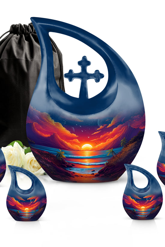 Sky Blue Beach Cremation Urn urn with complimentary velvet bag - sacred cross merged with beach motif on metal - memorial set with one large and four small urns