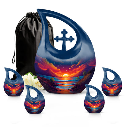 Sky Blue Beach Cremation Urn urn with complimentary velvet bag - sacred cross merged with beach motif on metal - memorial set with one large and four small urns