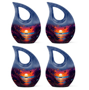 Azure Beach Cremation Urn lifestyle display on memorial shelf - sacred cross merged with beach motif on metal - 10 inch aluminum urn for cremated remains