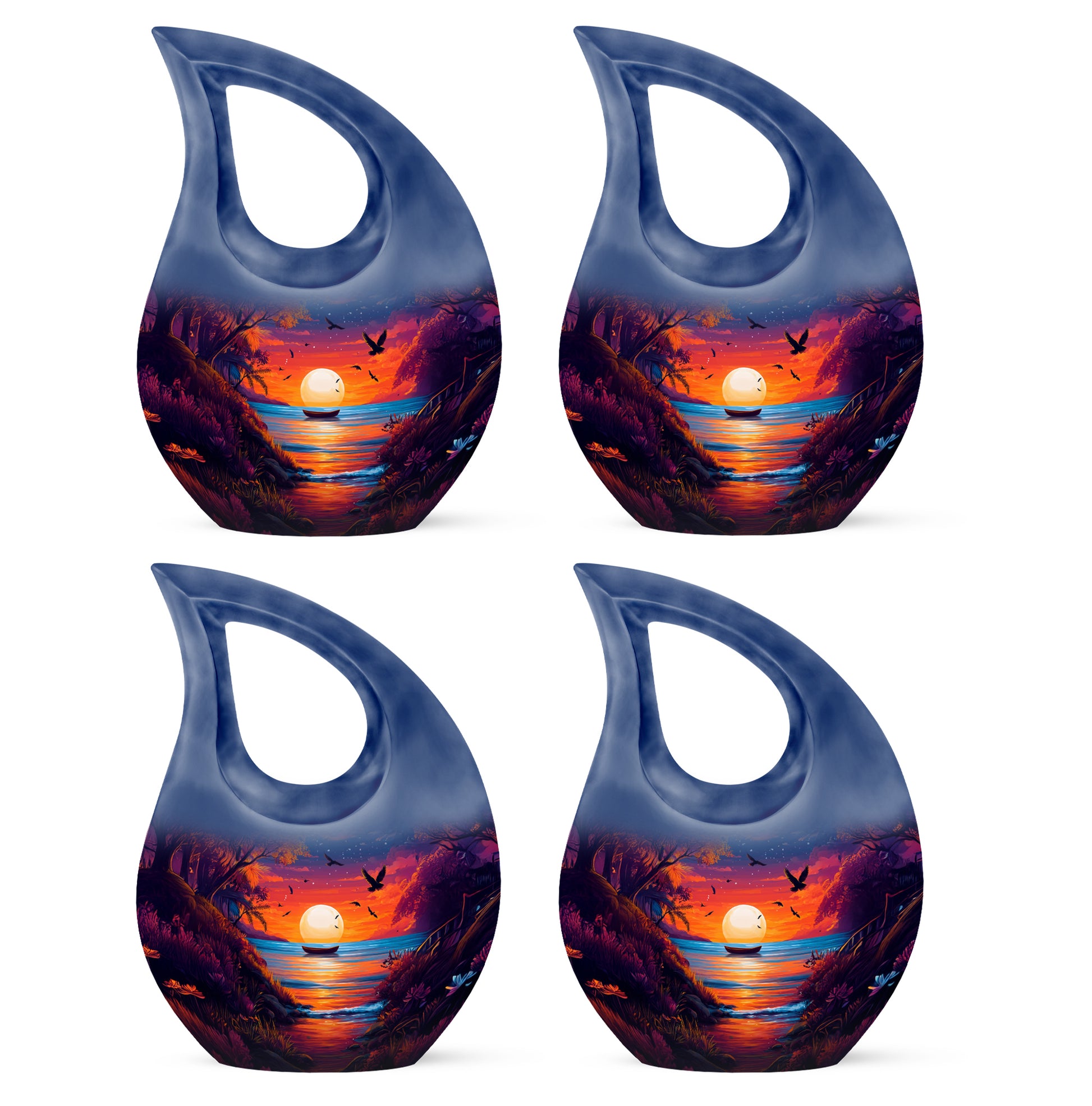 Azure Beach Cremation Urn lifestyle display on memorial shelf - sacred cross merged with beach motif on metal - 10 inch aluminum urn for cremated remains