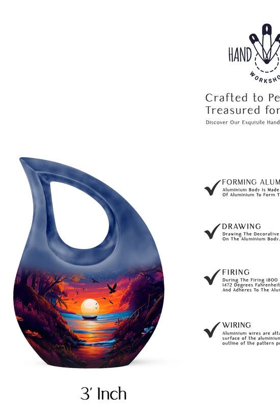 Azure Beach Cremation Urn back view with polished surface - cross and beach combined in spiritual memorial design - mini keepsake memorial for portion of cremation ashes