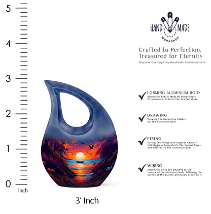Azure Beach Cremation Urn back view with polished surface - cross and beach combined in spiritual memorial design - mini keepsake memorial for portion of cremation ashes