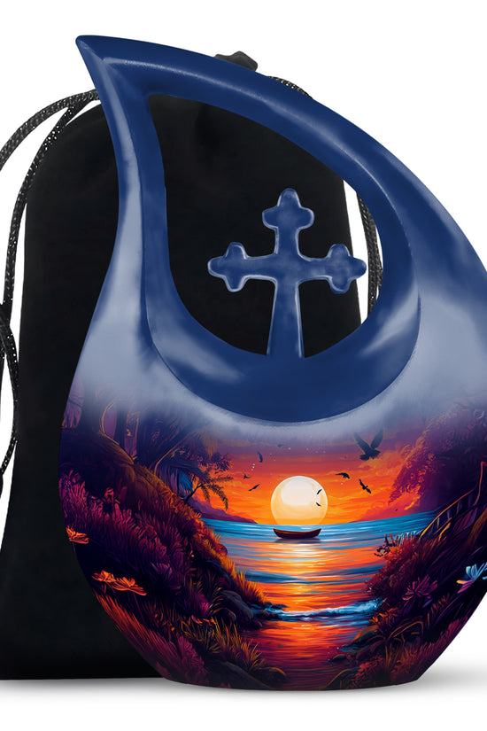 Slate Blue Beach Cremation Urn top-down view of secure threaded lid - sacred cross merged with beach motif on metal - full-size 10 inch 200 cubic inch adult cremation urn