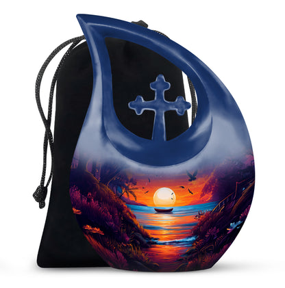 Slate Blue Beach Cremation Urn top-down view of secure threaded lid - sacred cross merged with beach motif on metal - full-size 10 inch 200 cubic inch adult cremation urn