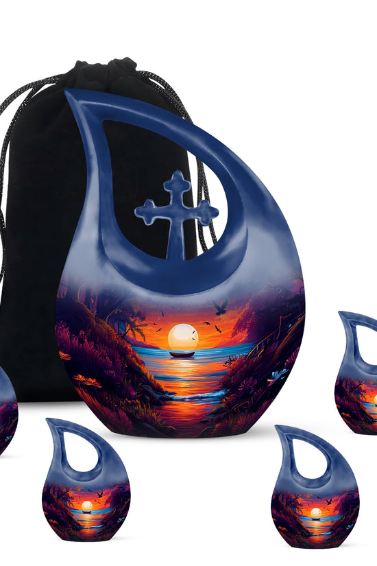 Icy Blue Beach Cremation Urn urn with complimentary velvet bag - sacred cross merged with beach motif on metal - memorial set with one large and four small urns