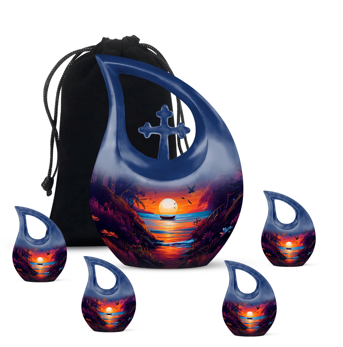 Icy Blue Beach Cremation Urn urn with complimentary velvet bag - sacred cross merged with beach motif on metal - memorial set with one large and four small urns