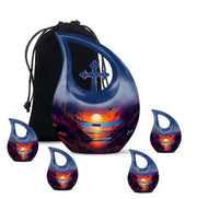 Icy Blue Beach Cremation Urn urn with complimentary velvet bag - sacred cross merged with beach motif on metal - memorial set with one large and four small urns