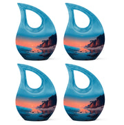 Vivid Teal Beach Cremation Urn lifestyle display on memorial shelf - faith-inspired cross-drop urn with beach pattern - 10 inch aluminum urn for cremated remains