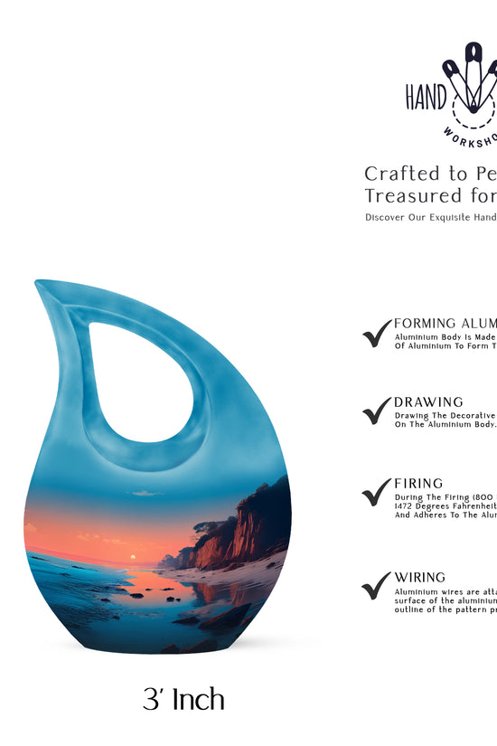 Aqua Teal Beach Cremation Urn back view with polished surface - devotional cross-drop beach engraving - mini keepsake memorial for portion of cremation ashes