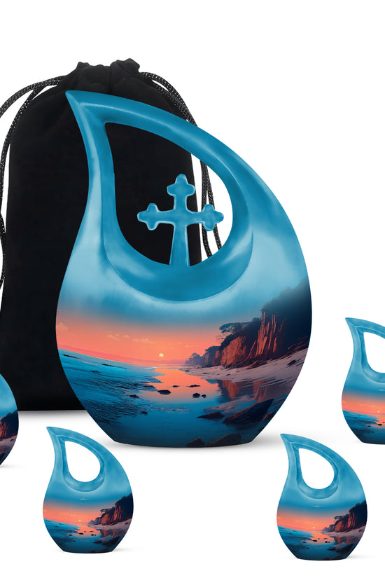 Mystic Teal Beach Cremation Urn urn with complimentary velvet bag - faith-inspired cross-drop urn with beach pattern - memorial set with one large and four small urns