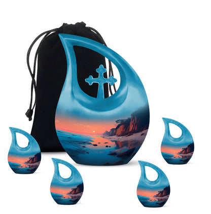 Mystic Teal Beach Cremation Urn urn with complimentary velvet bag - faith-inspired cross-drop urn with beach pattern - memorial set with one large and four small urns