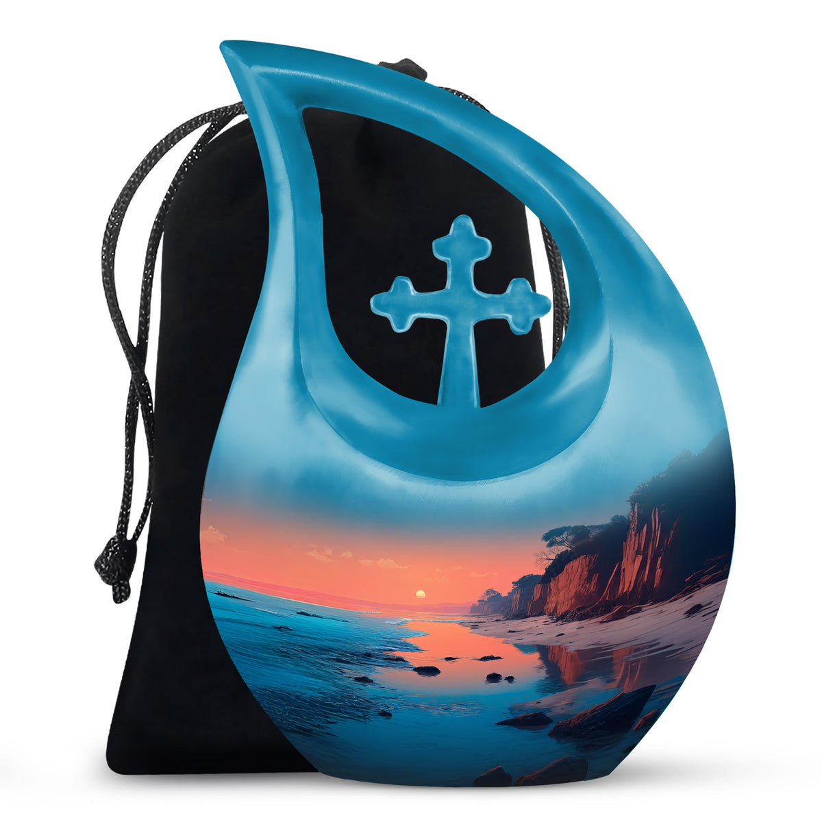 Jewel Teal Beach Cremation Urn top-down view of secure threaded lid - cross and beach combined in spiritual memorial design - full-size 10 inch 200 cubic inch adult cremation urn
