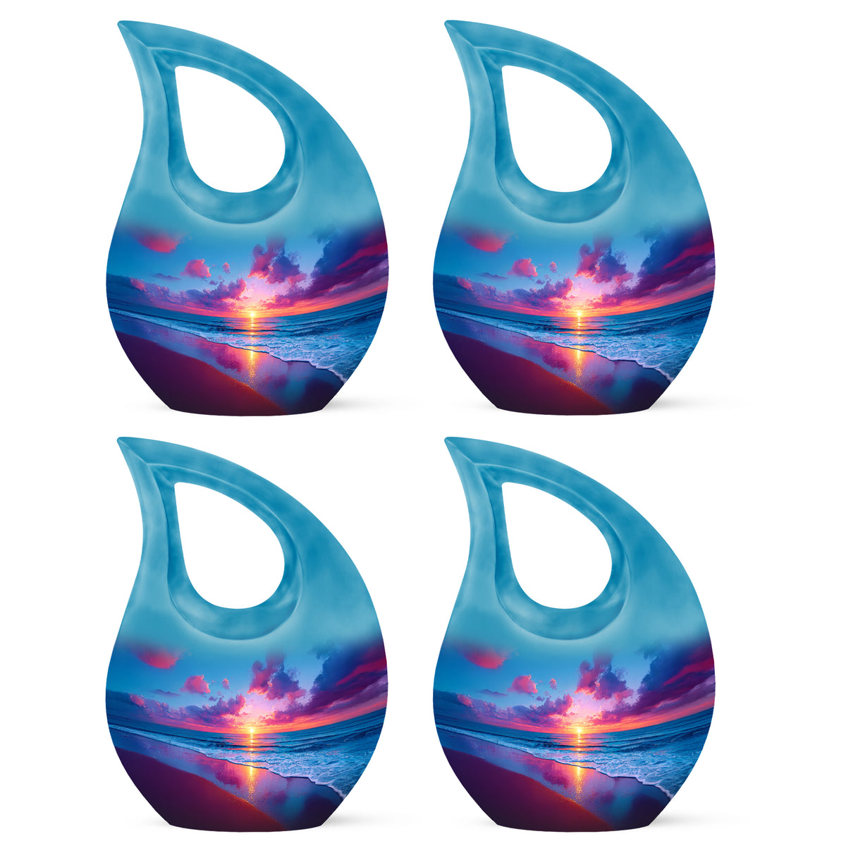 Bright Blue Beach Cremation Urn lifestyle display on memorial shelf - faith-inspired cross-drop urn with beach pattern - 10 inch aluminum urn for cremated remains