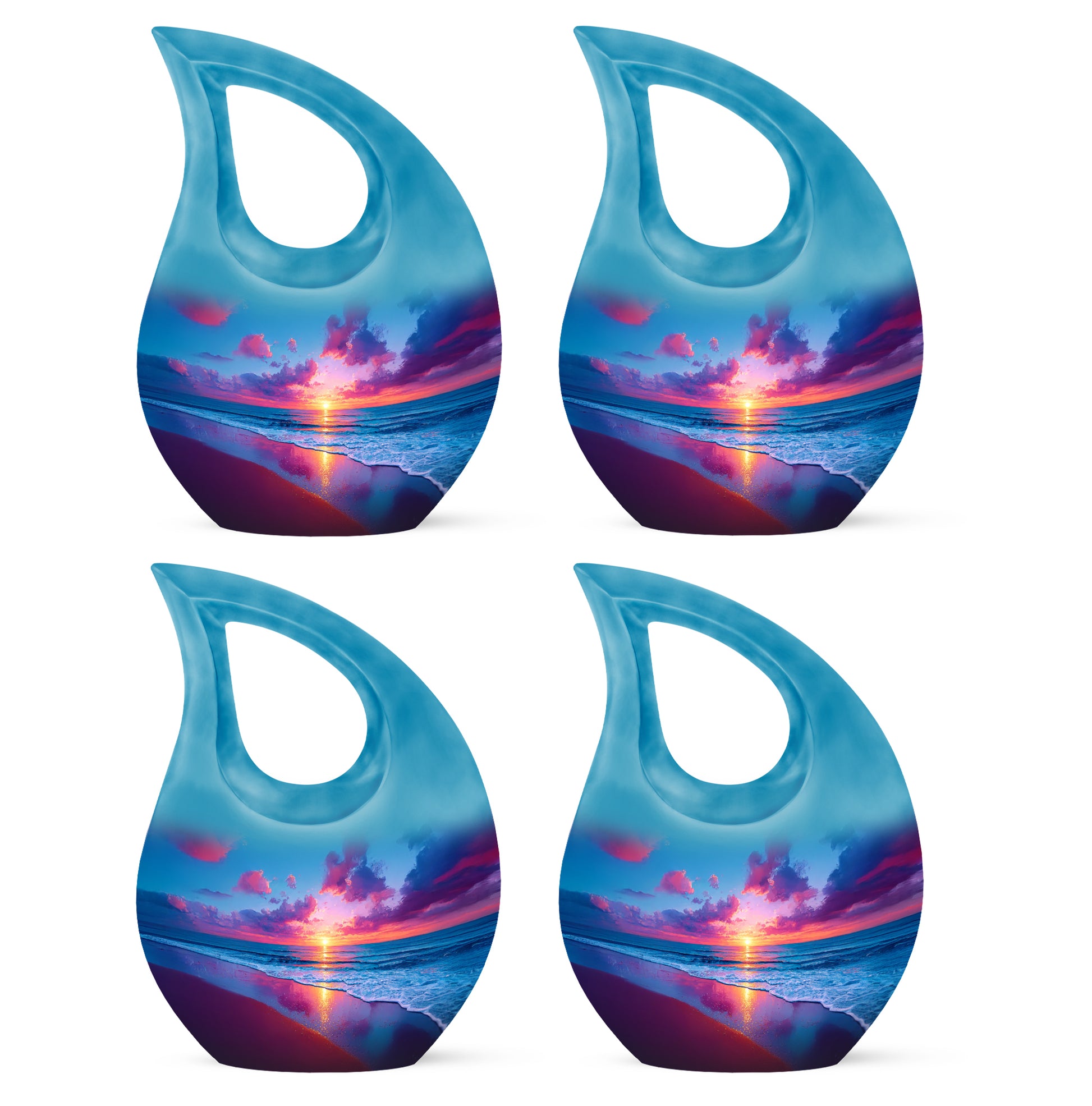 Bright Blue Beach Cremation Urn lifestyle display on memorial shelf - faith-inspired cross-drop urn with beach pattern - 10 inch aluminum urn for cremated remains