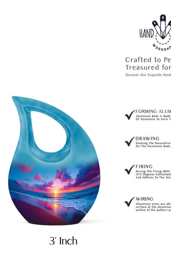 Steel Blue Beach Cremation Urn back view with polished surface - faith-inspired cross-drop urn with beach pattern - mini keepsake memorial for portion of cremation ashes