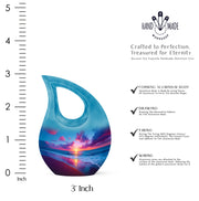 Steel Blue Beach Cremation Urn back view with polished surface - faith-inspired cross-drop urn with beach pattern - mini keepsake memorial for portion of cremation ashes