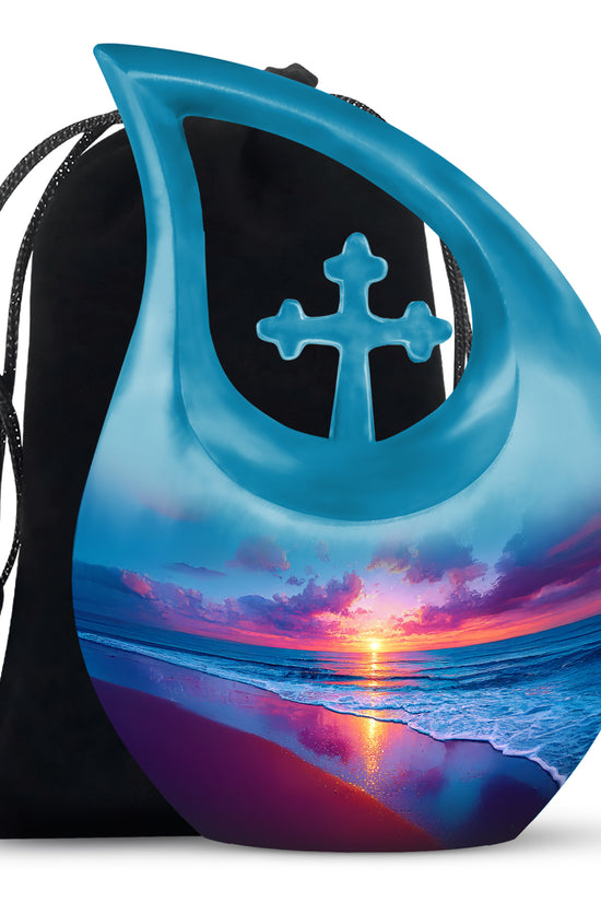 Soft Blue Beach Cremation Urn top-down view of secure threaded lid - devotional cross-drop beach engraving - full-size 10 inch 200 cubic inch adult cremation urn