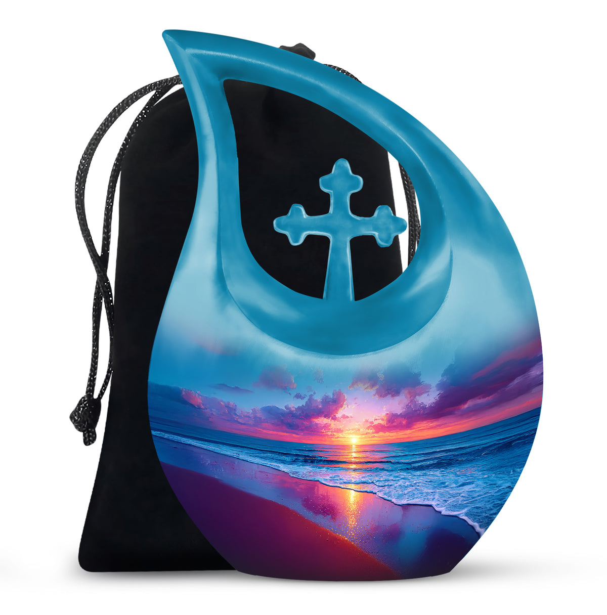 Soft Blue Beach Cremation Urn top-down view of secure threaded lid - devotional cross-drop beach engraving - full-size 10 inch 200 cubic inch adult cremation urn