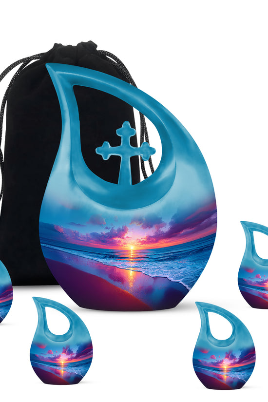 Cobalt Blue Beach Cremation Urn urn with complimentary velvet bag - faith-inspired cross-drop urn with beach pattern - memorial set with one large and four small urns