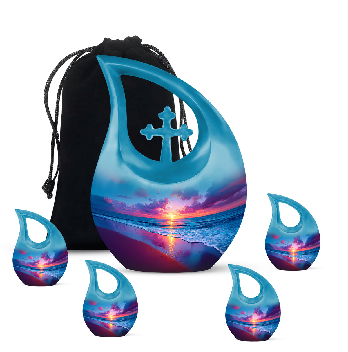 Cobalt Blue Beach Cremation Urn urn with complimentary velvet bag - faith-inspired cross-drop urn with beach pattern - memorial set with one large and four small urns