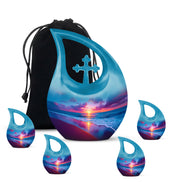 Cobalt Blue Beach Cremation Urn urn with complimentary velvet bag - faith-inspired cross-drop urn with beach pattern - memorial set with one large and four small urns