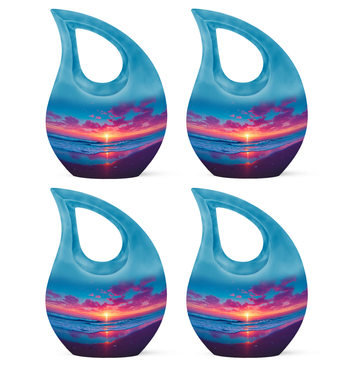 Azure Beach Cremation Urn lifestyle display on memorial shelf - cross and beach combined in spiritual memorial design - 10 inch aluminum urn for cremated remains
