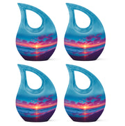 Azure Beach Cremation Urn lifestyle display on memorial shelf - cross and beach combined in spiritual memorial design - 10 inch aluminum urn for cremated remains