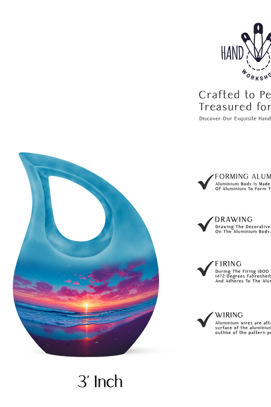 Azure Beach Cremation Urn back view with polished surface - cross and beach combined in spiritual memorial design - mini keepsake memorial for portion of cremation ashes
