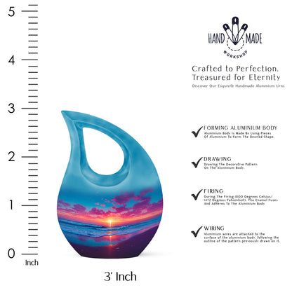 Azure Beach Cremation Urn back view with polished surface - cross and beach combined in spiritual memorial design - mini keepsake memorial for portion of cremation ashes