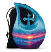 Celestial Blue Beach Cremation Urn top-down view of secure threaded lid - cross and beach combined in spiritual memorial design - full-size 10 inch 200 cubic inch adult cremation urn