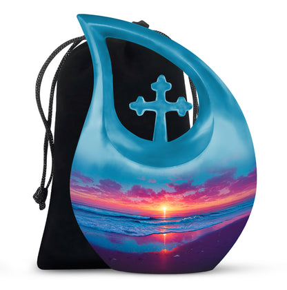 Celestial Blue Beach Cremation Urn top-down view of secure threaded lid - cross and beach combined in spiritual memorial design - full-size 10 inch 200 cubic inch adult cremation urn