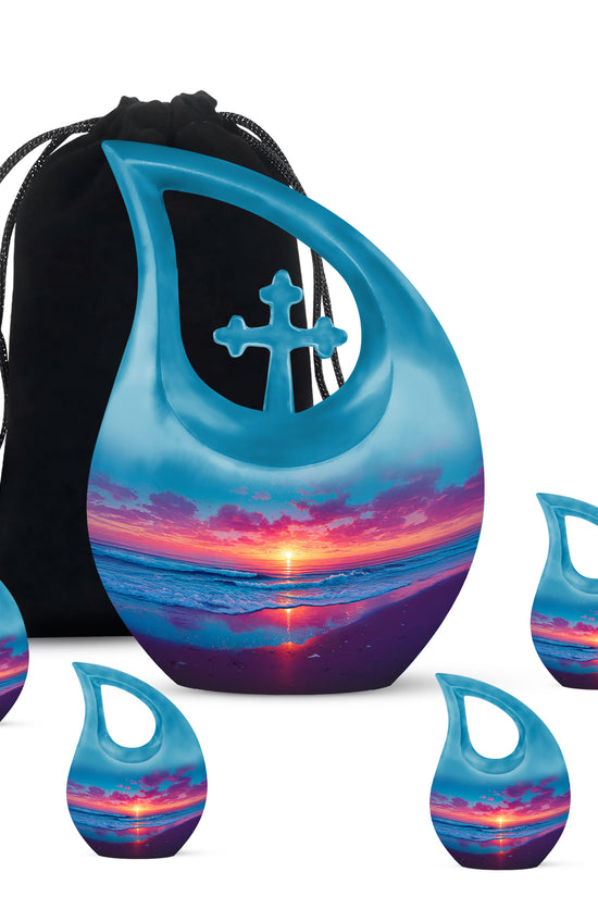 Serene Blue Beach Cremation Urn urn with complimentary velvet bag - devotional cross-drop beach engraving - memorial set with one large and four small urns