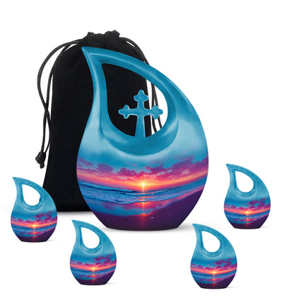 Serene Blue Beach Cremation Urn urn with complimentary velvet bag - devotional cross-drop beach engraving - memorial set with one large and four small urns