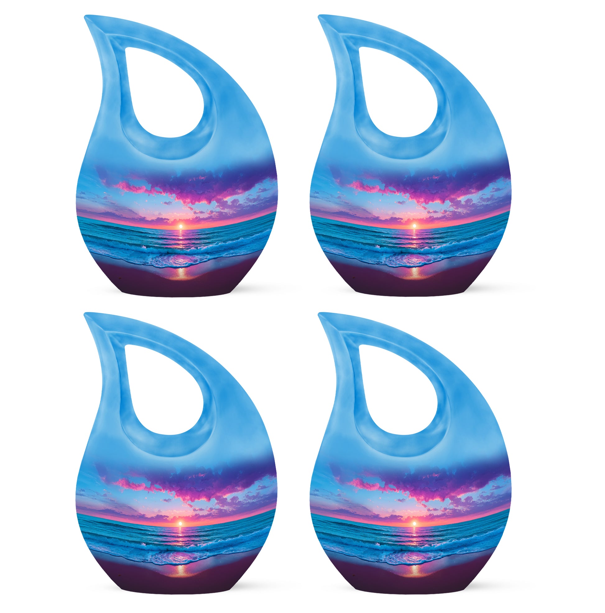 Icy Blue Beach Cremation Urn lifestyle display on memorial shelf - cross and beach combined in spiritual memorial design - 10 inch aluminum urn for cremated remains