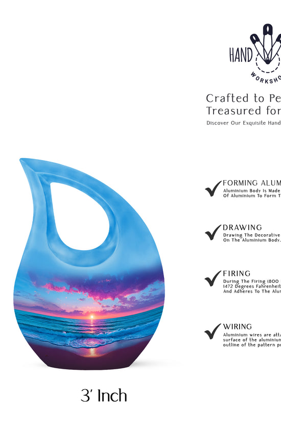 Navy Blue Beach Cremation Urn back view with polished surface - sacred cross merged with beach motif on metal - mini keepsake memorial for portion of cremation ashes
