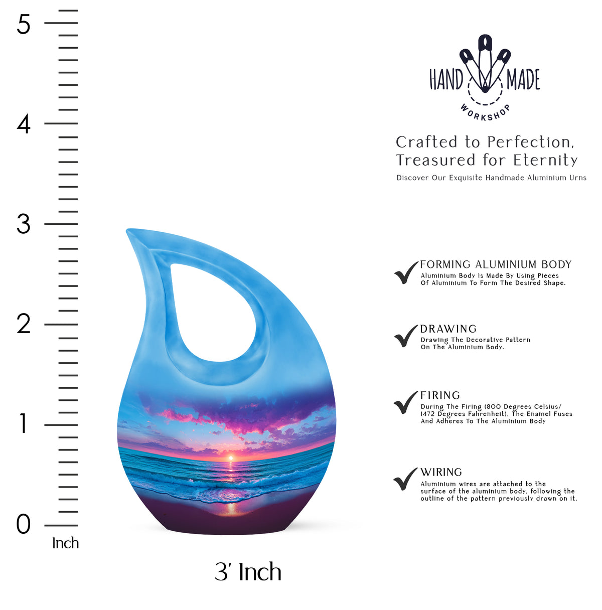 Navy Blue Beach Cremation Urn back view with polished surface - sacred cross merged with beach motif on metal - mini keepsake memorial for portion of cremation ashes