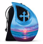 Navy Blue Beach Cremation Urn top-down view of secure threaded lid - cross and beach combined in spiritual memorial design - full-size 10 inch 200 cubic inch adult cremation urn