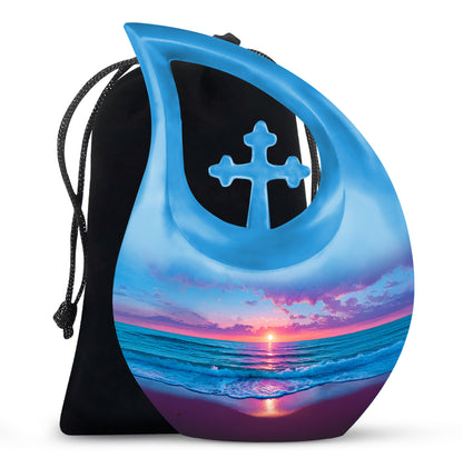 Navy Blue Beach Cremation Urn top-down view of secure threaded lid - cross and beach combined in spiritual memorial design - full-size 10 inch 200 cubic inch adult cremation urn